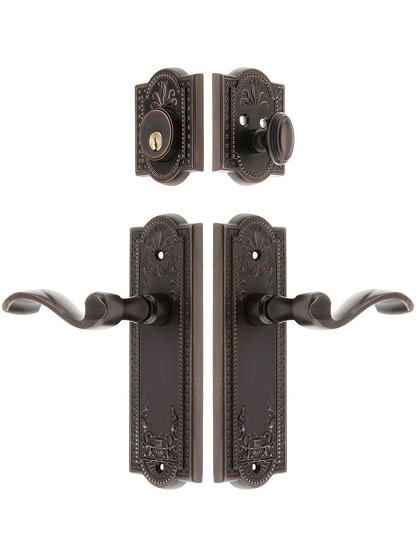 Grandeur Parthenon Entrance Door Set, Keyed Alike with Portofino Levers in Oil-Rubbed Bronze.